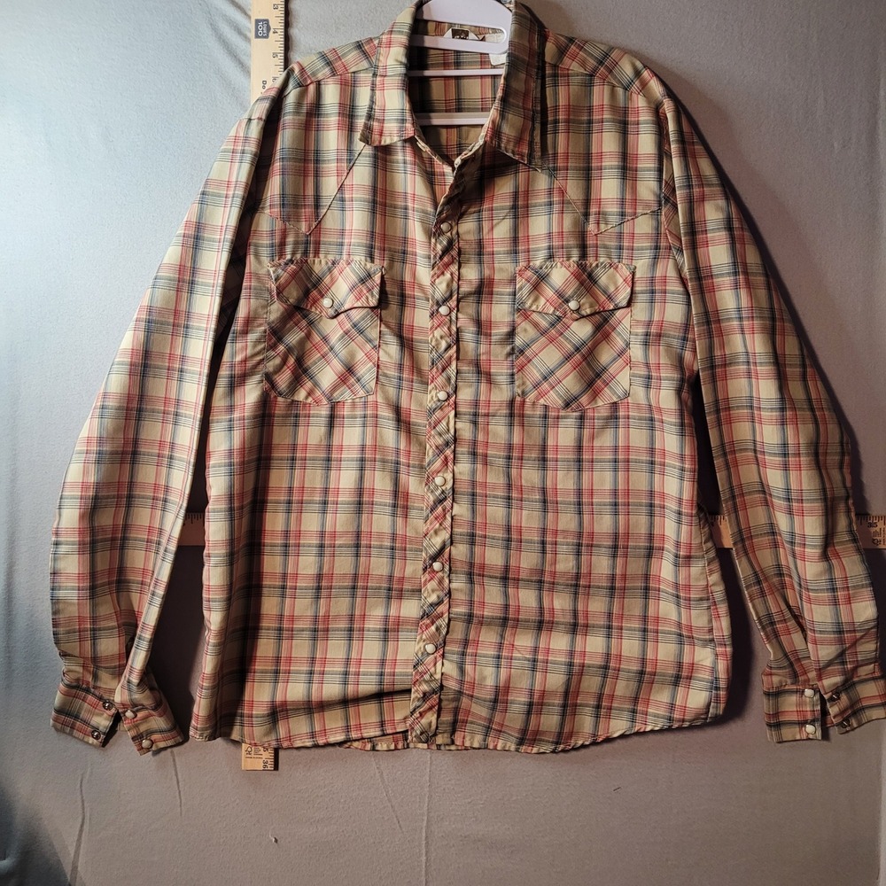 Vintage Montgomery Ward Mens Western Pearl Snap Shirt Plaid Tan Red Blue XL
